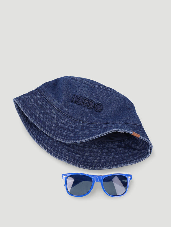 Embroidered Denim Bucket Hat & Sunglasses Set